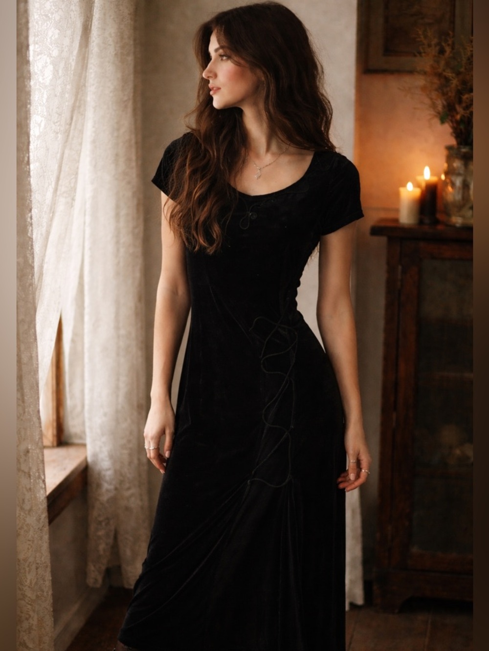 VINTAGE 90s Y2K Practical Magic Witchy Black Velvet Lace Up Midi Dress‎ S/M